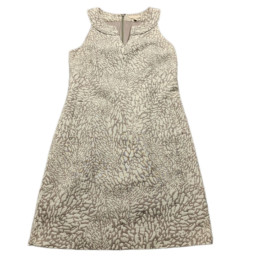 Banana Republic Shift Dress Womens Size 8 Tan‎ Abstract V-Neck Pockets Back Zip